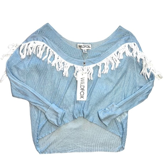 Wildfox Baby Pastel Blue Knit Waylon Fringe Western Sweater Size Medium - Picture 9 of 17
